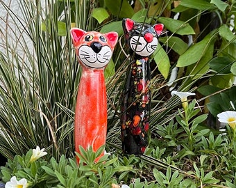 Keramik-Topfstecker Katze | 2er Set (Schwarz-Konfetti / Rot) | Gartenstecker | Gartendeko | Keramikschmuck | Keramikdeko