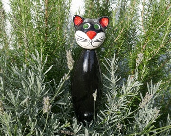 Gartenstecker Katze schwarz | Keramik für den Garten | Keramikschmuck | Gartenkeramik | Stabkatze | Gartendeko | Schwarzer Kater Keramikcat