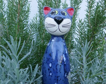 Gartenstecker Katze grau-blau | Keramik für den Garten | Keramikschmuck | Gartenkeramik | Stabkatze | Gartendeko | Geschenk Katze Tierfigur