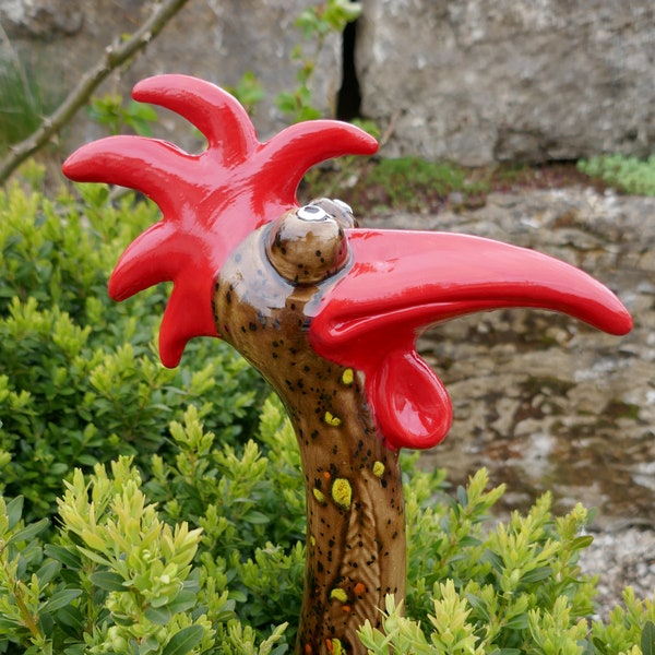 Garden stake ceramic rooster | Rooster neck brown | Garden ornaments | Garden decoration | Garden ceramics | Hand painted