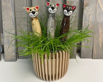 Keramik-Topfstecker Katze | 3er Set (hellbraun/grau/dunkelbraun) | Gartenstecker | Gartendeko | Keramikschmuck | Gartenschmuck | Keramikdeko