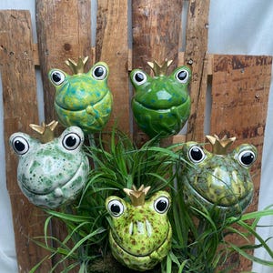 Könnte beinhalten: Fünf Keramik-Froschfiguren mit goldenen Kronen, jede mit einem anderen grün-braunen gefleckten Muster. Die Frösche sind in einem Topf mit grünem Laub angeordnet.