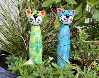 Keramik-Topfstecker Katze | 2er Set (oceanblau/gelb-blau) | Gartenstecker | Gartendeko | Keramikschmuck | Gartenschmuck | Keramikdeko