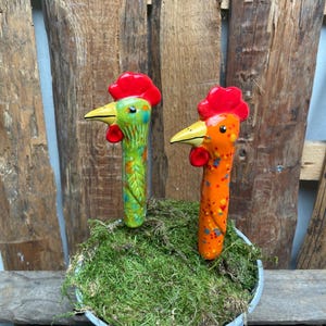Könnte beinhalten: Zwei Gartenstecker mit Keramik-Hahnenkopf. Einer ist grün mit blauen und gelben Akzenten, der andere ist orange mit blauen und gelben Akzenten. Beide haben rote Kämme und gelbe Schnäbel. Sie stehen in einem Metalltopf mit grünem Moos.