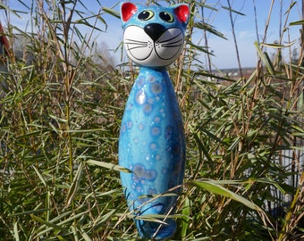 Gartenstecker Keramik Katze Oceanblau | Keramik für den Garten | Keramikschmuck | Gartenkeramik | Stabkatze Gartendeko Geschenk Tierfigur