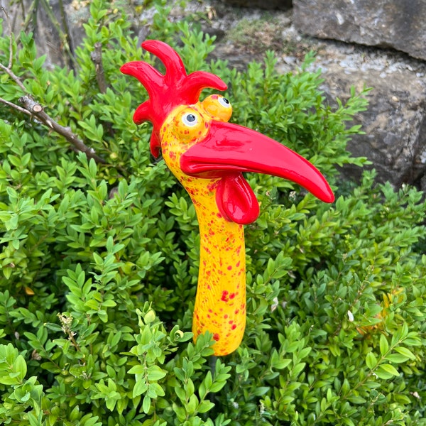 Garden stake ceramic rooster | Rooster Neck Yellow Confetti | Garden ornaments | Garden decoration | Garden ceramics | Hand painted