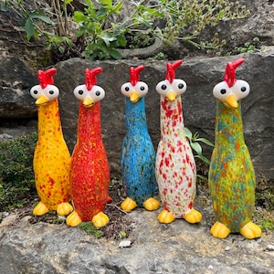 Ceramic Chicken | Ceramic figure | Chickens | Decoration | Garden | Beige-light blue | Turquoise-Purple | Neon Green Confetti | Yellow-Red | White-red