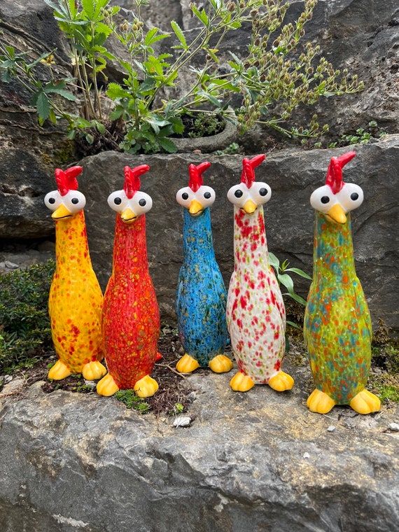 Keramik Huhn | Keramikfigur | Hühner | Dekoration | Garten | Beige-Hellblau | Türkis-Lila | Neongrün-Konfetti | Gelb-Rot | Weiss-Rot