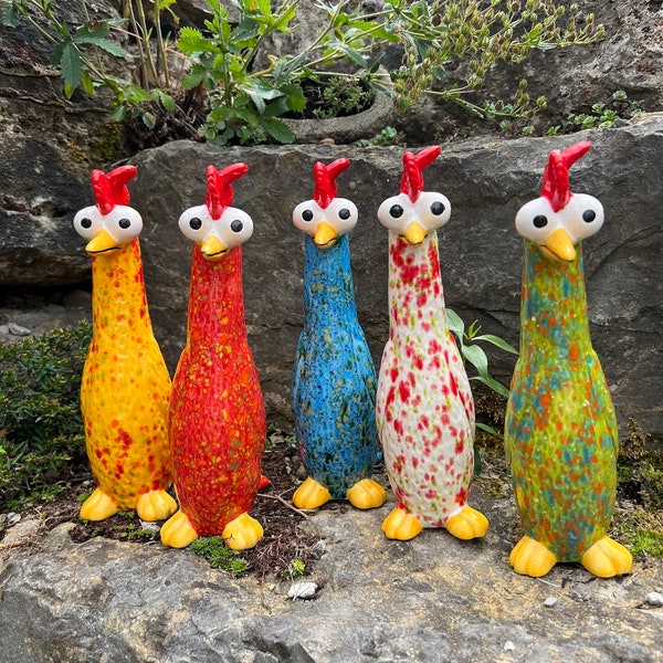 Ceramic Chicken | Ceramic figure | Chickens | Decoration | Garden | Beige-light blue | Turquoise-Purple | Neon Green Confetti | Yellow-Red | White-red