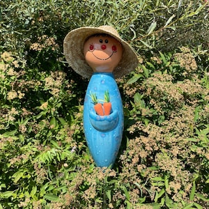 May include: A whimsical garden stake featuring a smiling face with a straw hat. The blue body has a pocket with two orange carrot decorations. The stake is surrounded by green foliage.