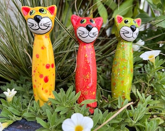 Keramik-Topfstecker Katze | 3er Set (gelb/rot/grün) | Gartenstecker | Gartendeko | Keramikschmuck | Gartenschmuck | Keramikdeko