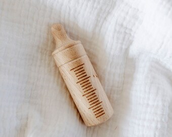 Wood Baby Doll Bottle |  Minikane Natural Wood Baby Doll Accessories | Boutique High End Doll