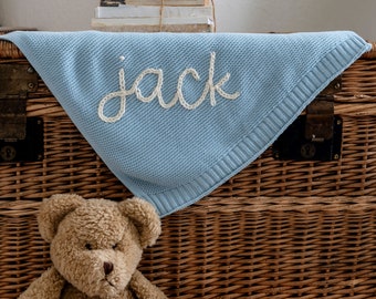 Personalized Hand Embroidered Knit Baby Blanket // Custom Name Swaddle Blanket