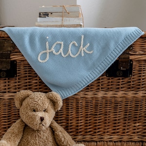 Personalized Hand Embroidered Knit Baby Blanket // Custom Name Swaddle Blanket image 1