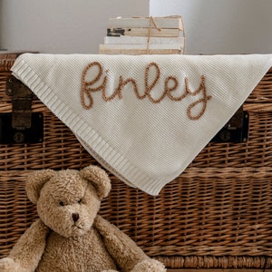 Personalized Hand Embroidered Knit Baby Blanket // Custom Name Swaddle Blanket image 1