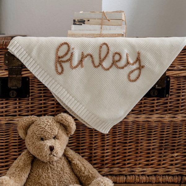 Personalized Hand Embroidered Knit Baby Blanket // Custom Name Swaddle Blanket