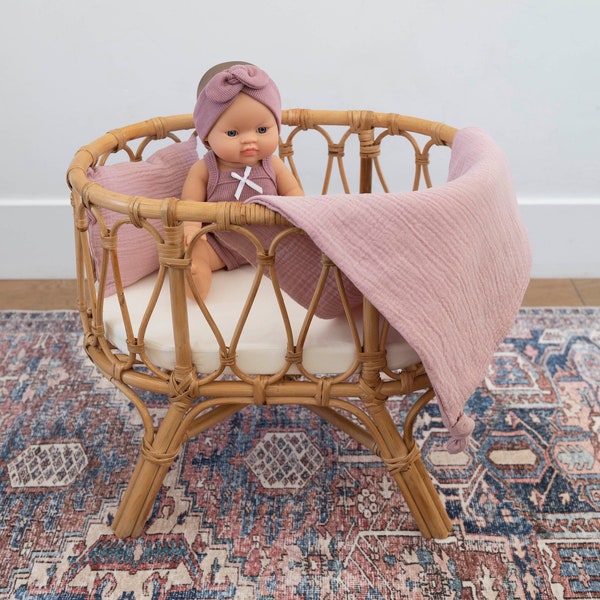 Piper Crib | Rattan Doll Bassinet & Mattress | High End Doll Furniture