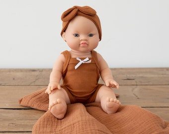 Lilly | Baby Girl with Brown Hair Blue eyes and Cognac Romper and Headband