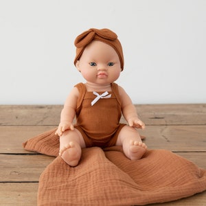 Lilly Baby Girl with Brown Hair Blue eyes and Cognac Romper and Headband image 1