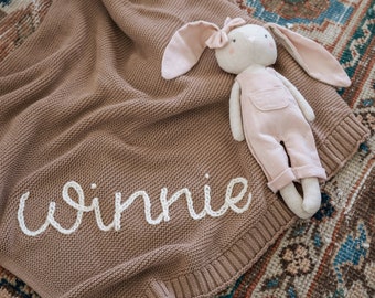 Personalized Hand Embroidered Knit Baby Blanket // Custom Name Swaddle Blanket