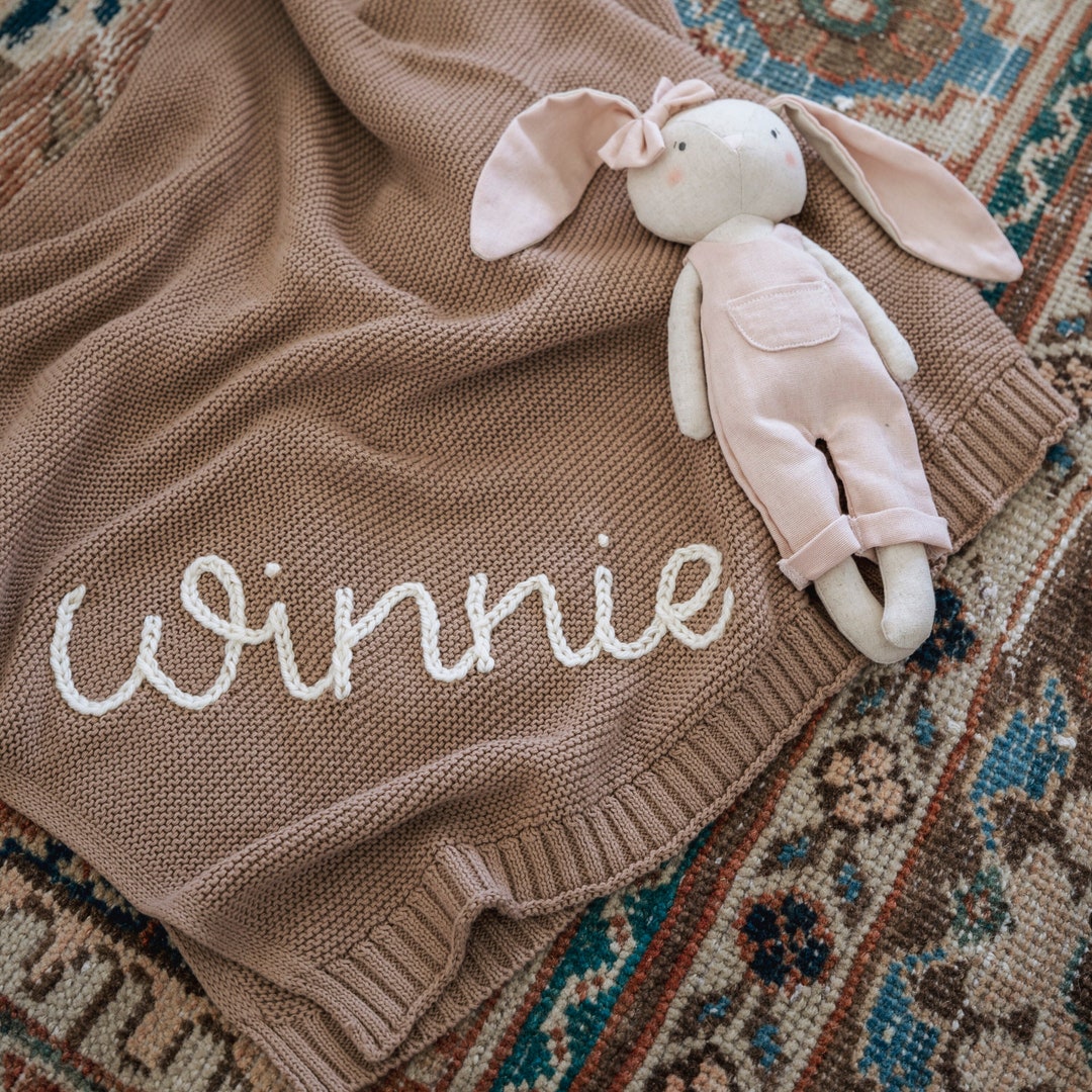 Personalized Hand Embroidered Knit Baby Blanket // Custom Name Swaddle Blanket Etsy