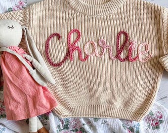 Ombré Baby Girl Name Sweater – Hand Embroidered Toddler Pullover – Custom Baby Gift