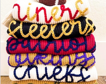 Personalized Football Baby Sweater – Hand Embroidered Toddler Pullover – Custom Name Gift