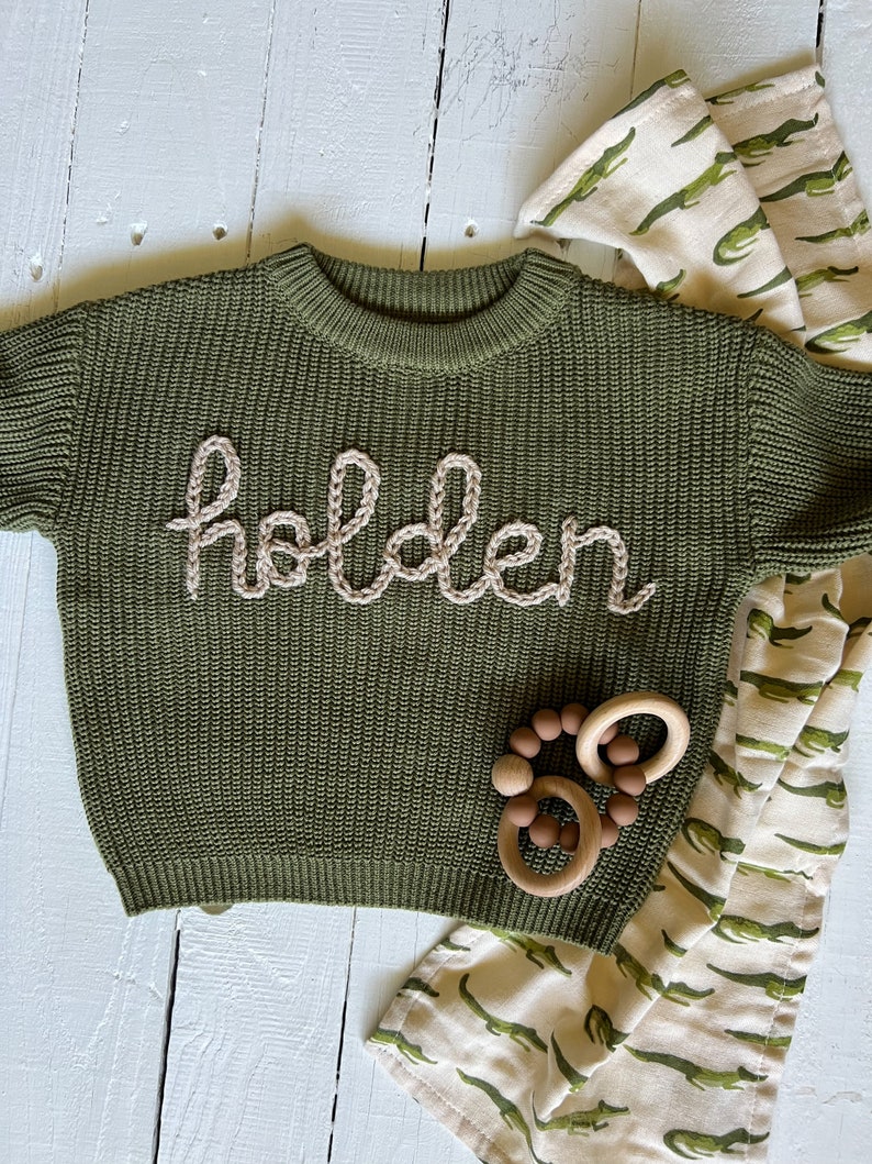 Personalized Hand Embroidered Baby Boy and Toddler Boy Sweaters // Baby Name Sweaters // Personalized Baby Gift image 2