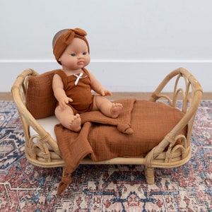 Lilly Baby Girl with Brown Hair Blue eyes and Cognac Romper and Headband image 2