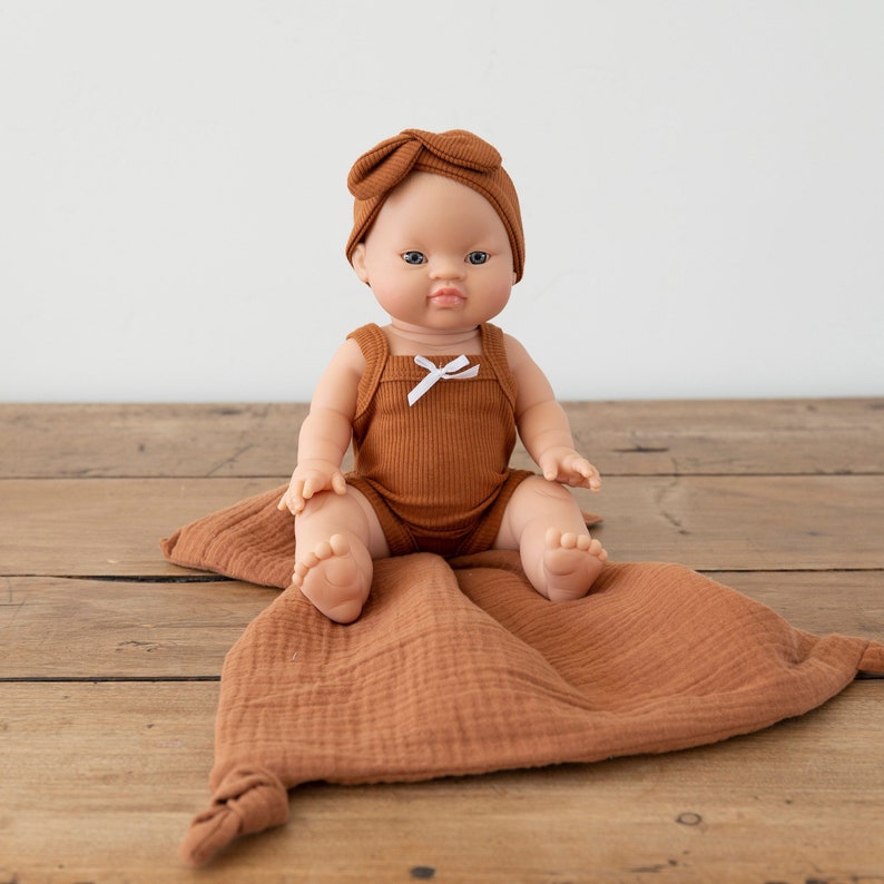 Lilly Baby Girl with Brown Hair Blue eyes and Cognac Romper and Headband image 1