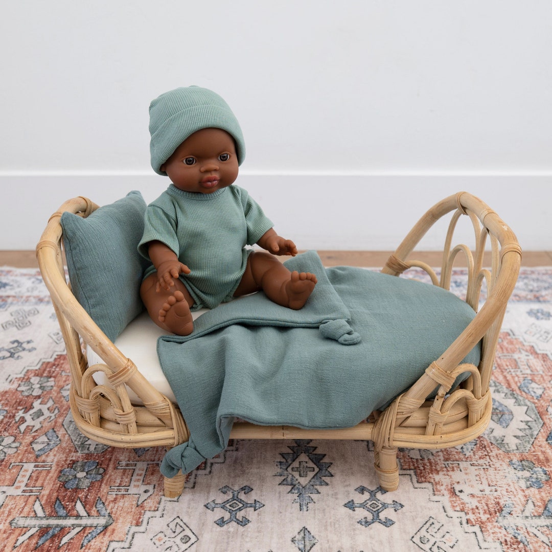 Millie Rattan Doll Bed & Mattress Custom Lagoon Cotton Muslin Bedding