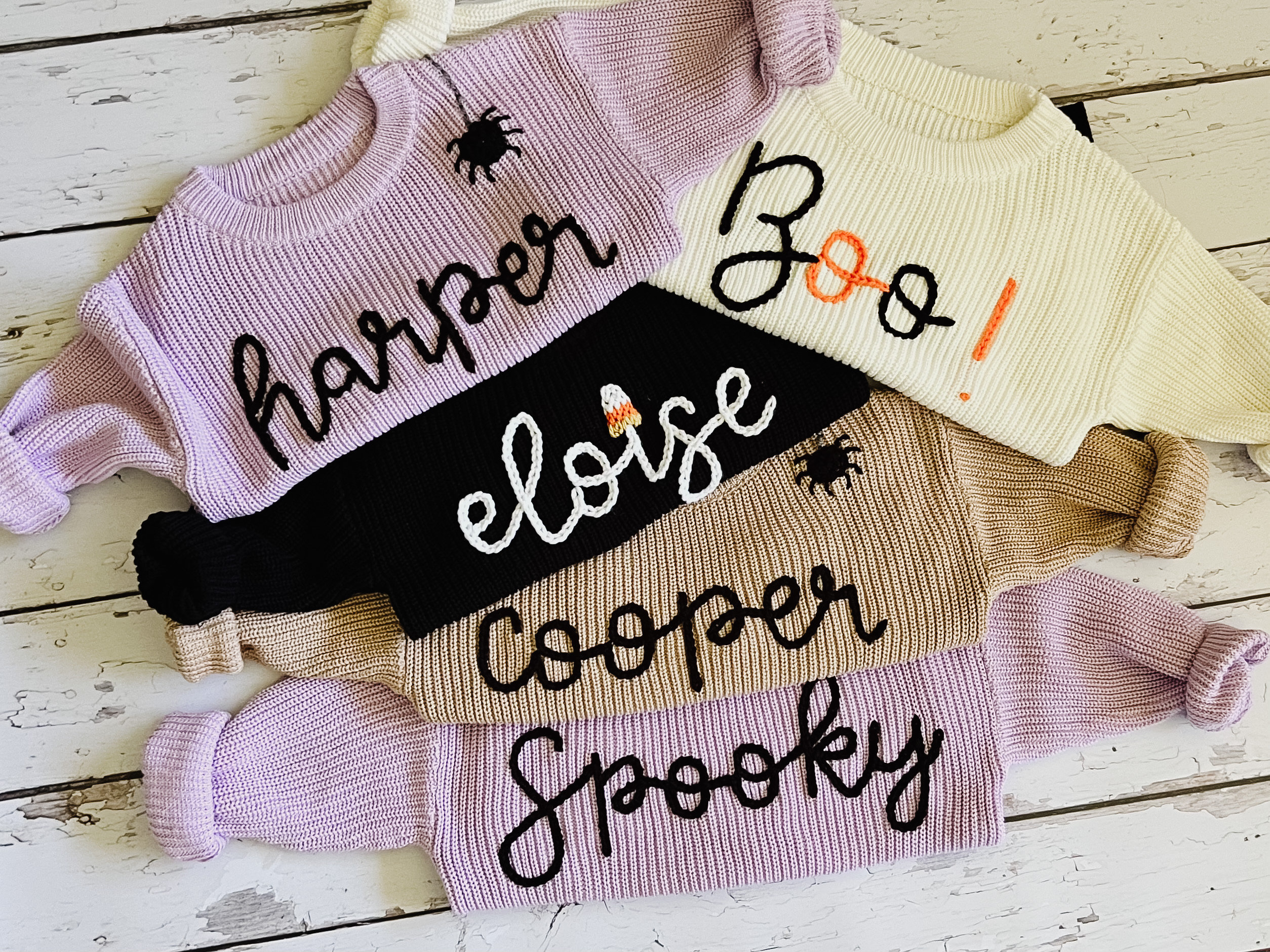 Handmade Halloween Baby Sweater Personalized Hand Embroidered Baby and Toddler Name Sweater