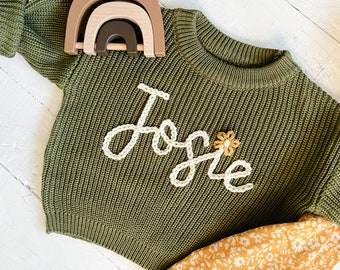 Personalized Hand Embroidered Baby and Toddler Sweaters | Baby Girl Rose Sweater with Hand Embroidered Flower