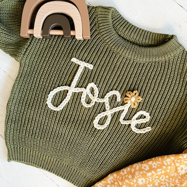 Personalized Hand Embroidered Baby and Toddler Sweaters | Baby Girl Rose Sweater with Hand Embroidered Flower