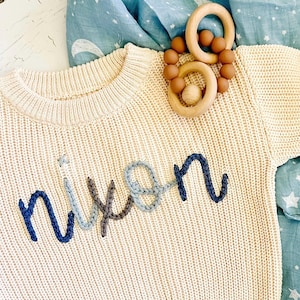 Ombré Baby Boy Name Sweater – Hand Embroidered Toddler Pullover – Custom Baby Gift