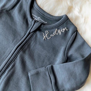 Personalized Hand Embroidered Smoky Blue Infant Footed Romper | Baby Sleeper with Name