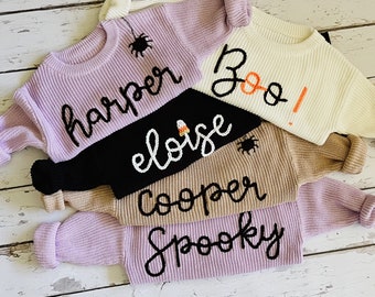 Personalized Hand Embroidered Baby and Toddler Halloween Sweaters // Kids Halloween  // Personalized Halloween