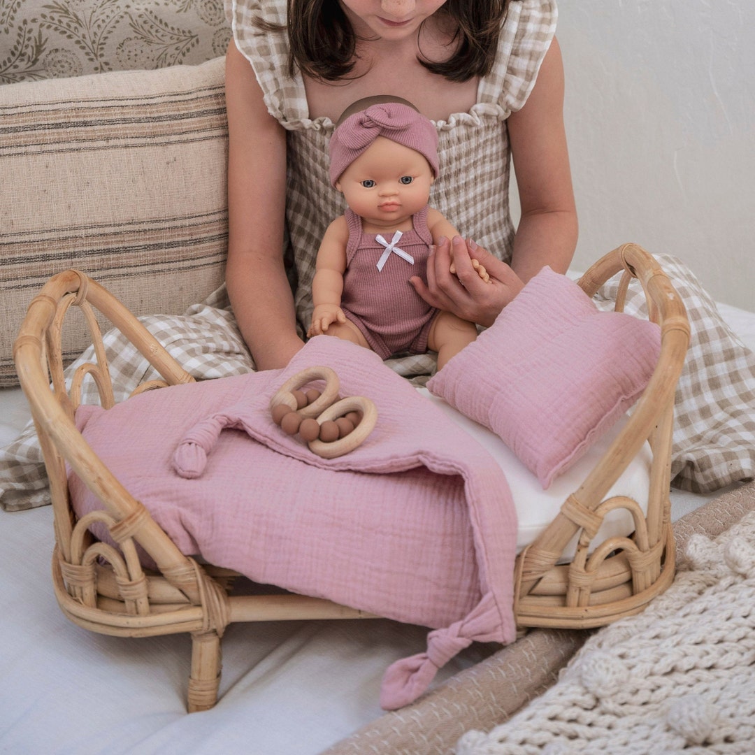 Millie Rattan Doll Bed & Mattress Custom Cotton Muslin Bedding Baby