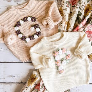 Floral Monogram Baby and Toddler Sweater – Custom Knit Initial with Embroidered Flowers