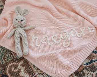 Personalized Hand Embroidered Knit Baby Blanket // Custom Name Swaddle Blanket