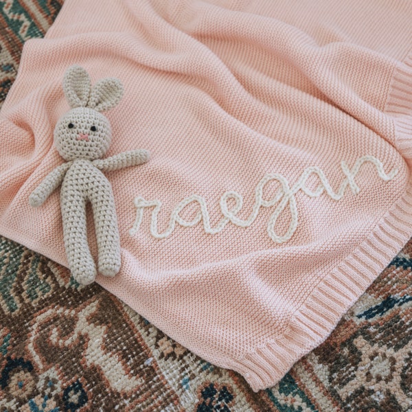 Personalized Hand Embroidered Knit Baby Blanket // Custom Name Swaddle Blanket