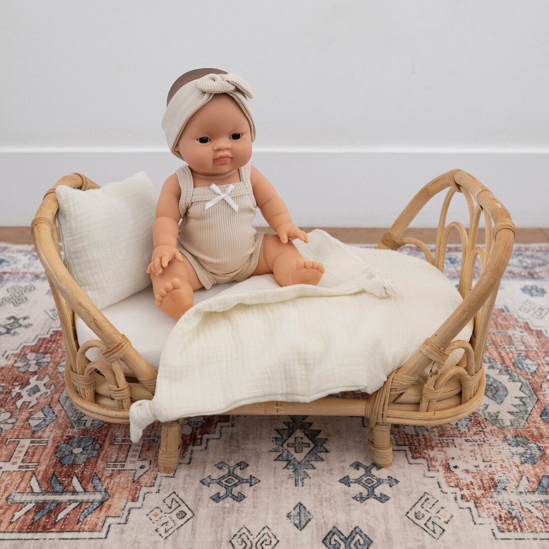 Millie Rattan Doll Bed & Mattress Custom Ivory Cotton Muslin Bedding