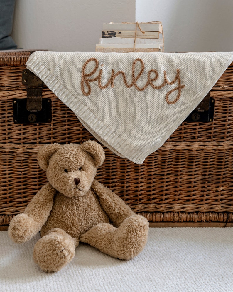 Personalized Hand Embroidered Knit Baby Blanket // Custom Name Swaddle Blanket image 1