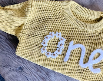 Hand Embroidered Daisy First Birthday "one" baby sweater // First Birthday Gift