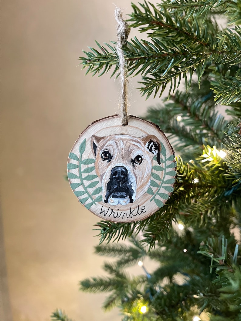 Puede incluir: Un adorno redondo de madera con un retrato pintado de un perro. El perro tiene pelo marr&oacute;n y blanco y una nariz negra. El adorno est&aacute; decorado con hojas verdes y el nombre "Wrinkle" est&aacute; escrito debajo del retrato del perro.