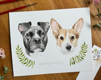 Watercolor Pet Portrait, 2 faces - 8x10” | Pet Portrait Custom | Pet Memorial | Pet Lover Gift