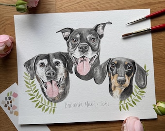 Retrato de mascota en acuarela, 3 caras - 8x10” / Retrato de mascota personalizado / Homenaje a mascotas / Regalo para amantes de las mascotas