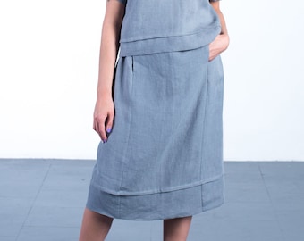 Midi length linen skirt, Elastic waist woman linen skirt, Muted blue linen skirt with pockets