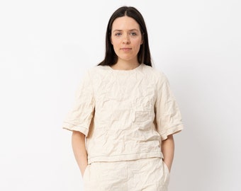 Undyed canvas blouse, Cotton cropped blouse, Wide short woman blouse, Minimalist style cotton blouse