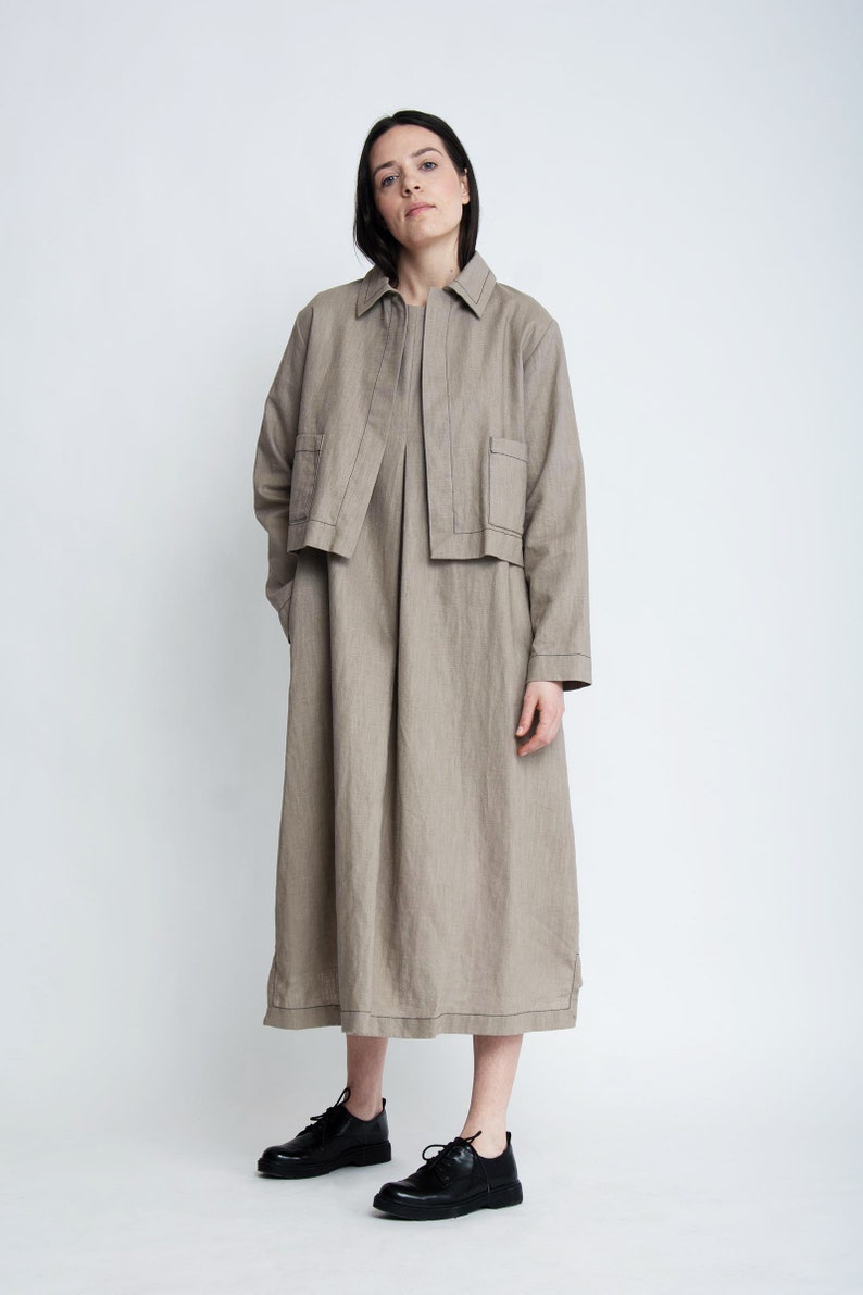 Open front solid linen jacket for women, Japanese style minimalist jacket, Outerwear with long sleeves image 7